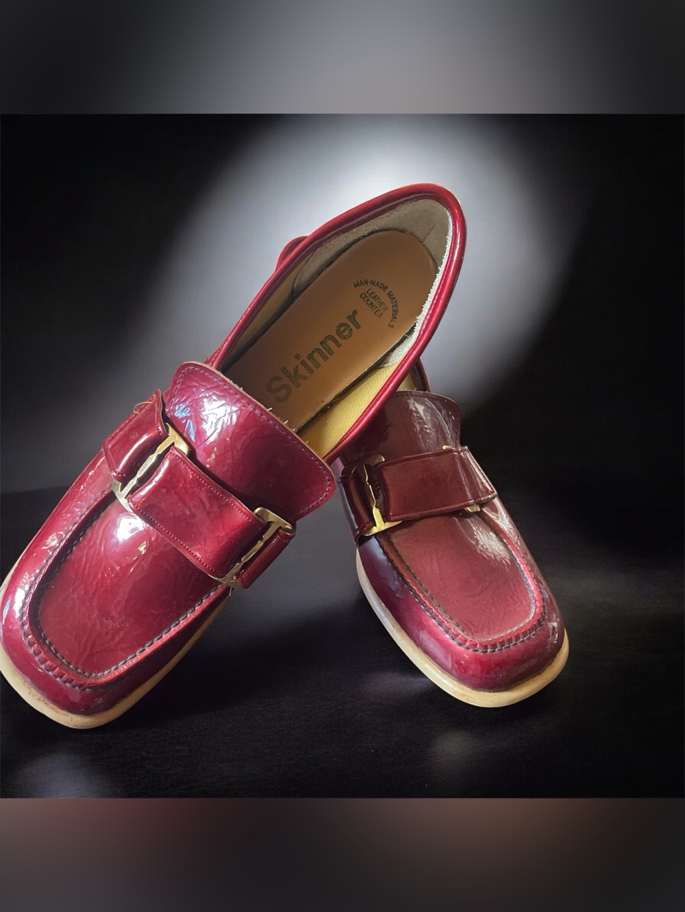SKINNer women’s Burgundy Patent Leather Slip-On Loafers with Gold Buckle
